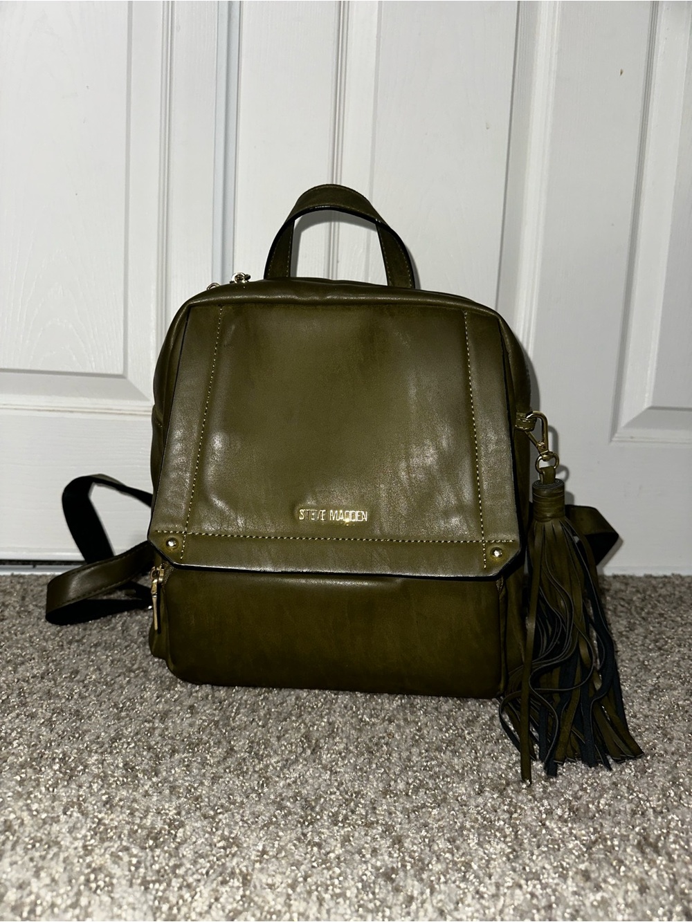 Steve Madden Olive Leather Tassel Backpack